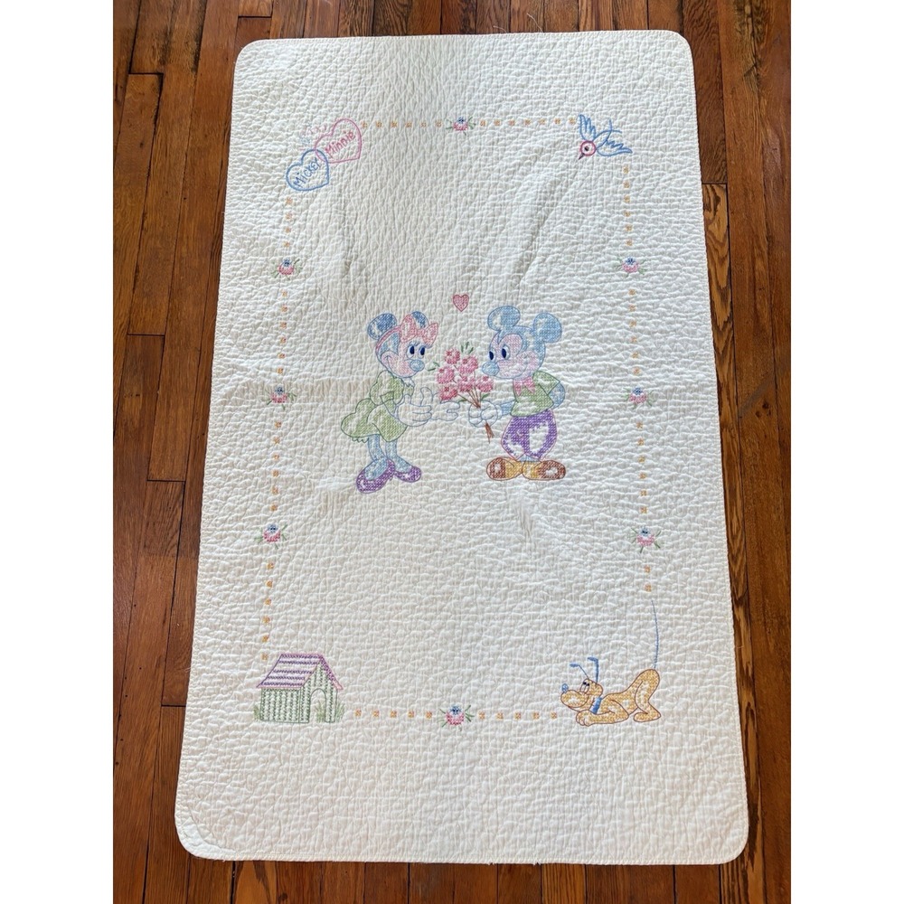 VINTAGE Mickey & Minnie Mouse Hand Embroidered Baby Quilt